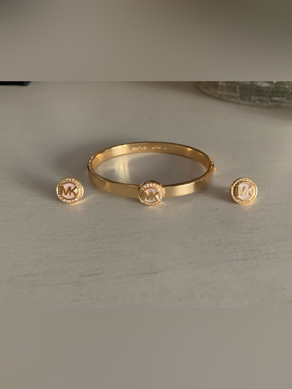 Michael Kors Gold Logo Bangle with MK Crystal Studs